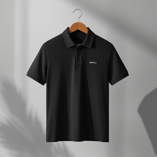 NextFly Premium Black Polo T-Shirt for Men – Classic Fit, Soft Cotton, Stylish Casual Wear