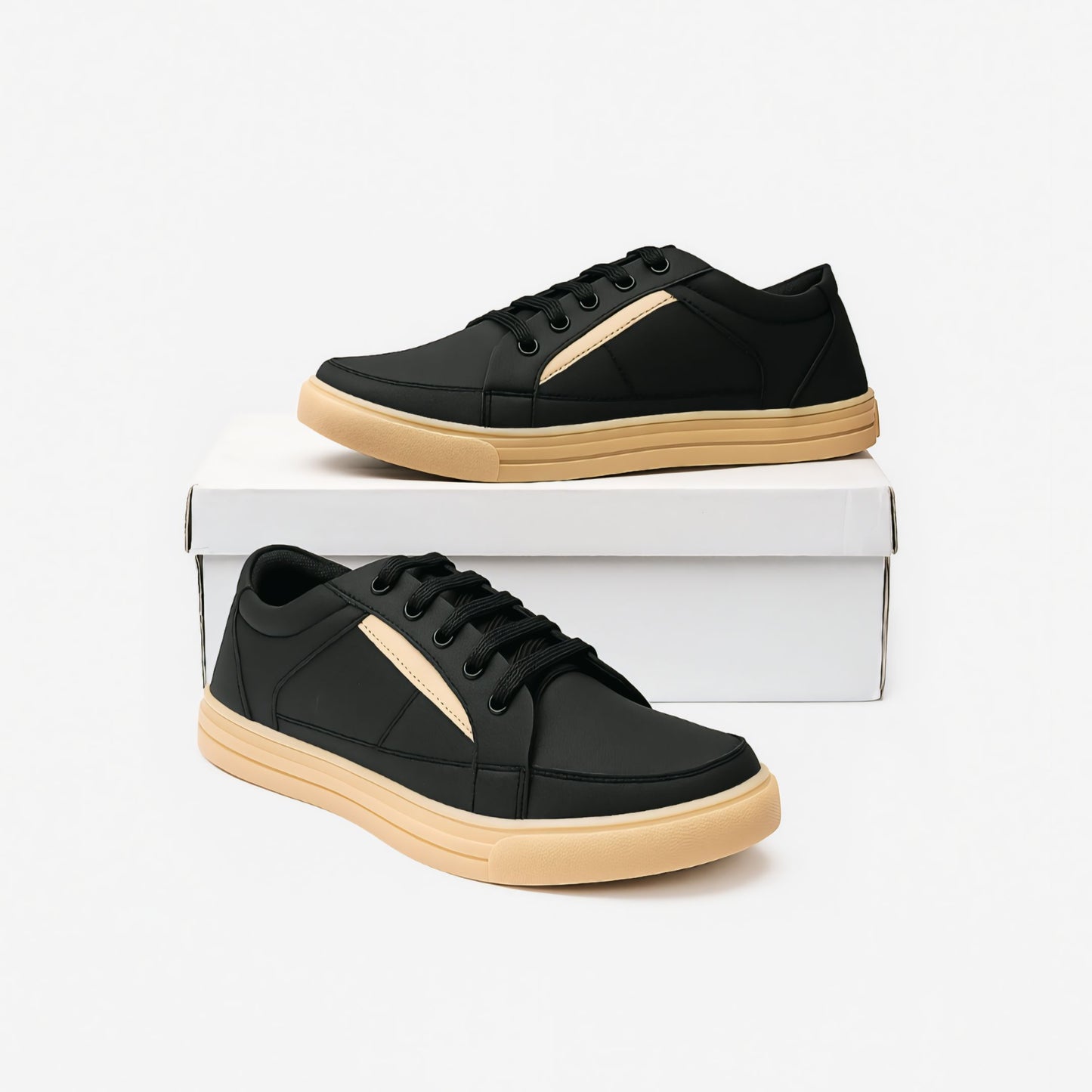 NextFly Black Luxe Sneakers with Beige Sole – Premium Casual Wear"